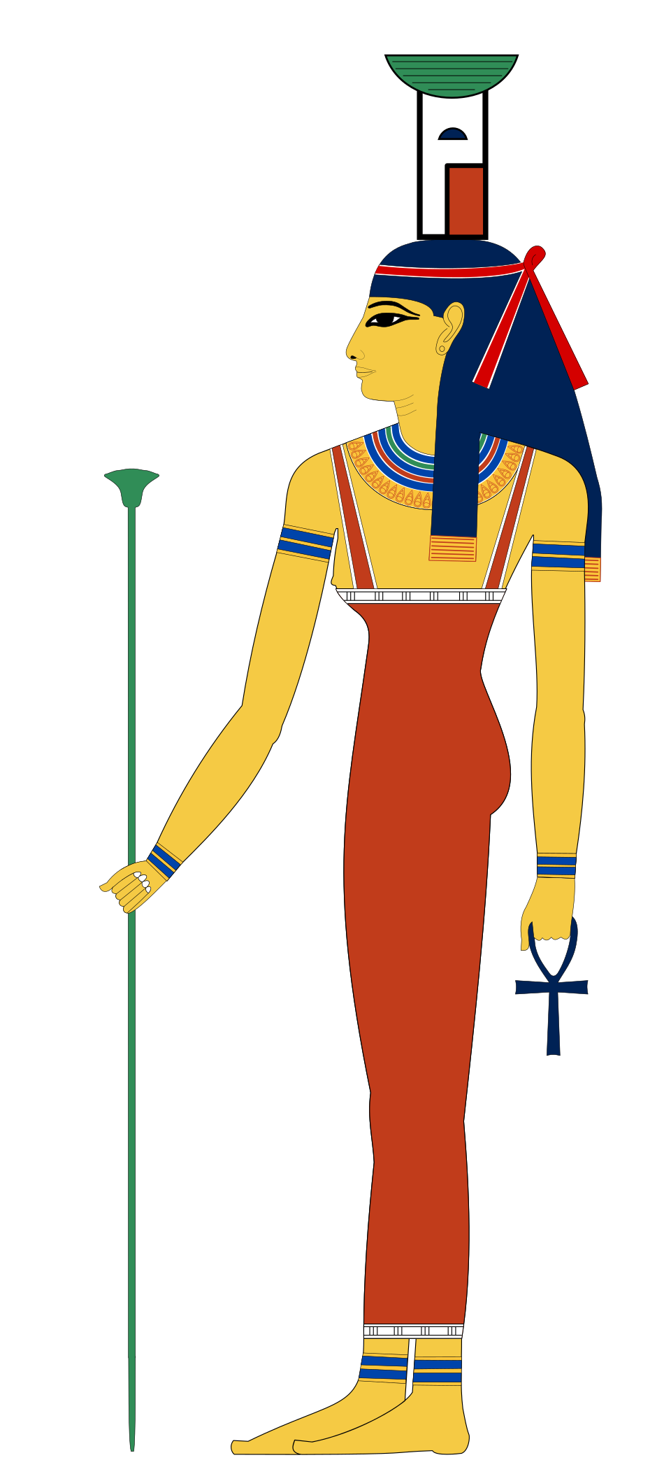 Nephthys mit dem Zeichen ihres Namens auf dem Kopf — Korb und Haus, „Herrin des Hauses" —, Umzeichnung nach ägyptischen Darstellungen