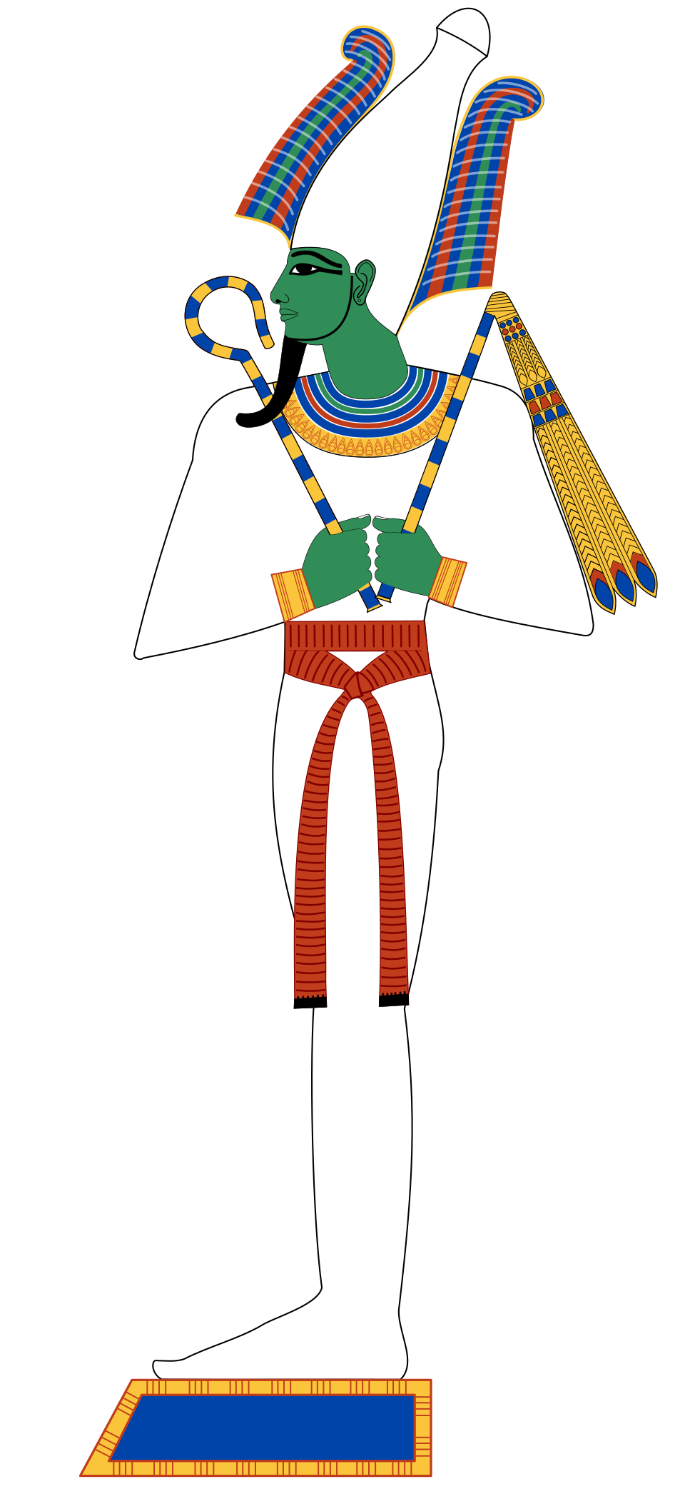 Osiris mit Atef-Krone, Krummstab und Geissel — Zeichnung nach Grabmalereien