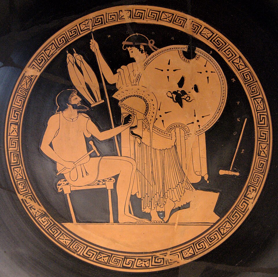 Hephaistos übergibt Thetis die Waffen für Achilleus — attische Trinkschale des Erzgiesserei-Malers, um 480 v. Chr., Antikensammlung Berlin
