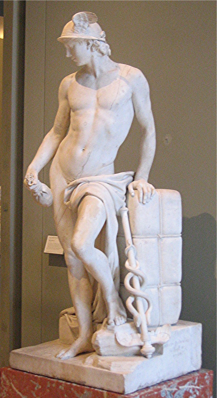 Merkur mit Flügelhut, Schlangenstab und Geldbeutel — Marmor von Augustin Pajou, 1780, Louvre