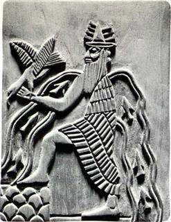 Enki mit den Wasserströmen, die aus seinen Schultern fliessen — moderne Nachbildung eines Ausschnitts aus dem Adda-Siegel, um 2300 v. Chr.
