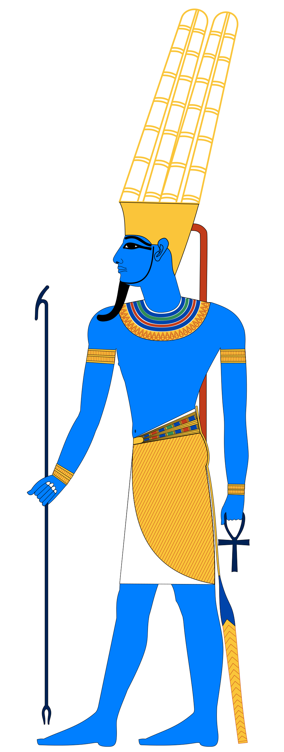 Amun mit der Federkrone und blauer Haut — Zeichnung nach Darstellungen nach der Amarna-Zeit