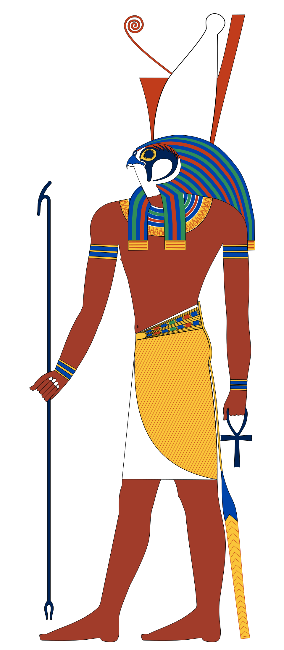 Horus mit Falkenkopf und Doppelkrone, Was-Zepter und Anch — Zeichnung nach Grabmalereien