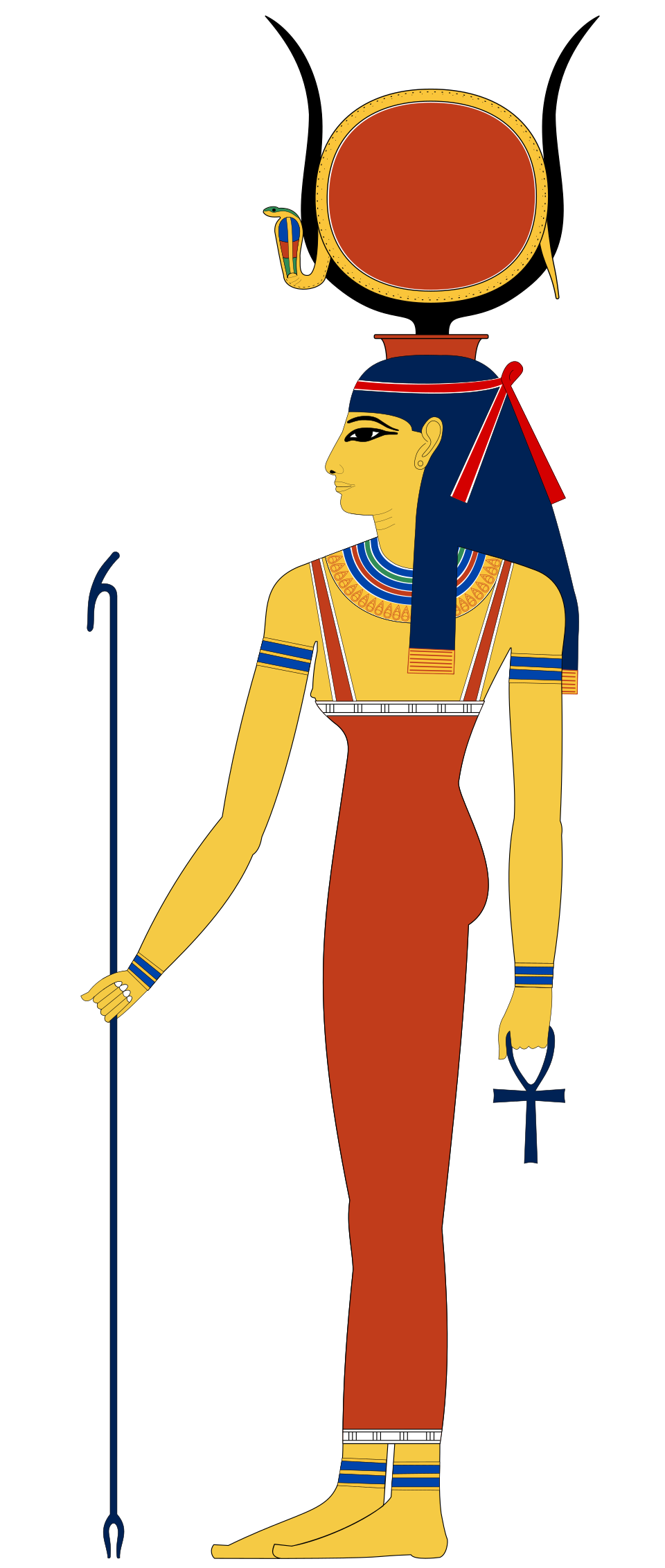 Hathor mit Kuhhörnern und Sonnenscheibe — Zeichnung nach Grabmalereien
